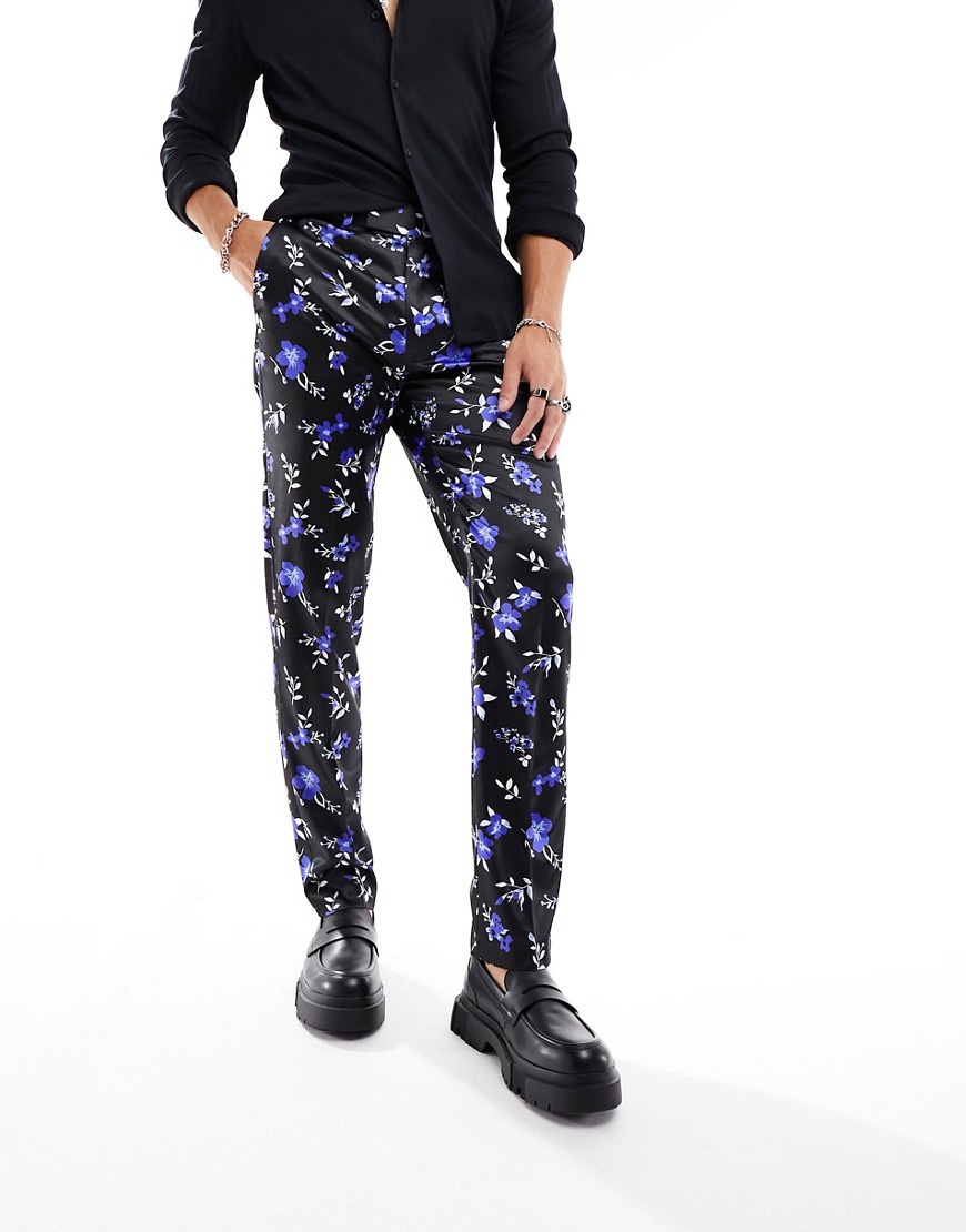 ASOS DESIGN smart slim fit satin trouser with floral print in black