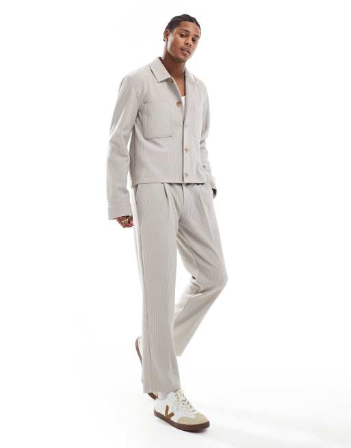 ASOS DESIGN smart slim fit textured rib pants in stone (part of a set)