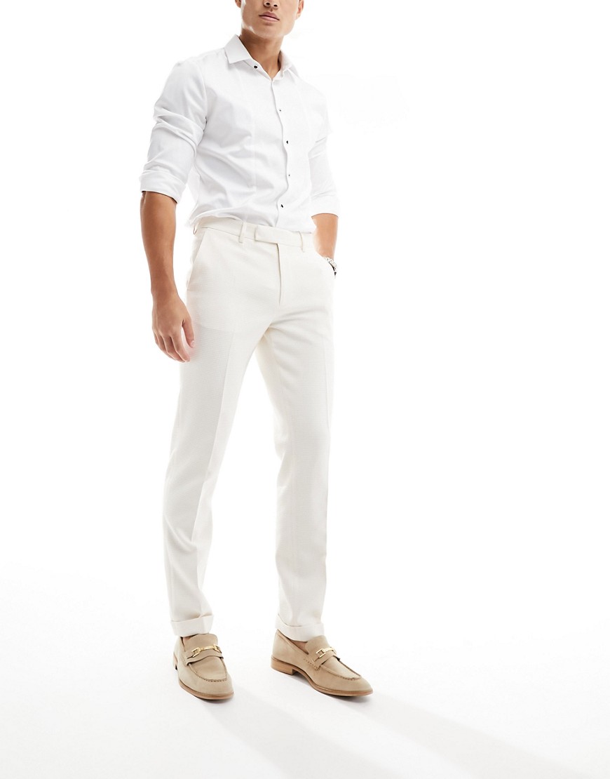 ASOS DESIGN smart slim fit textured trousers in ecru-Neutral