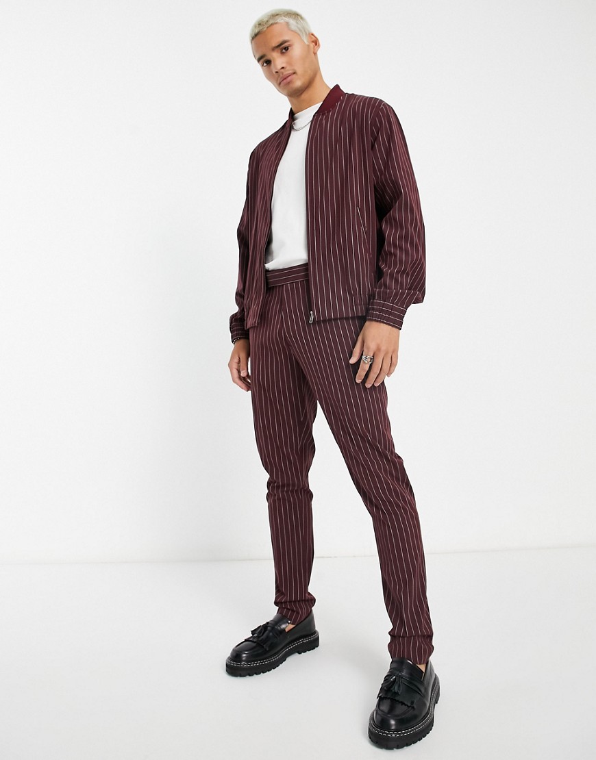 ASOS DESIGN smart slim pants in slate burgundy pinstripe - part of a set-Red