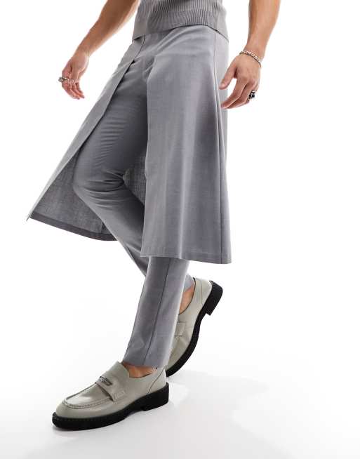 ASOS DESIGN smart slim pants with wrap skirt in light grey