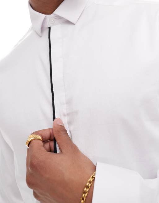 ASOS DESIGN smart slim shirt with black piping detail in white, 2 of 4