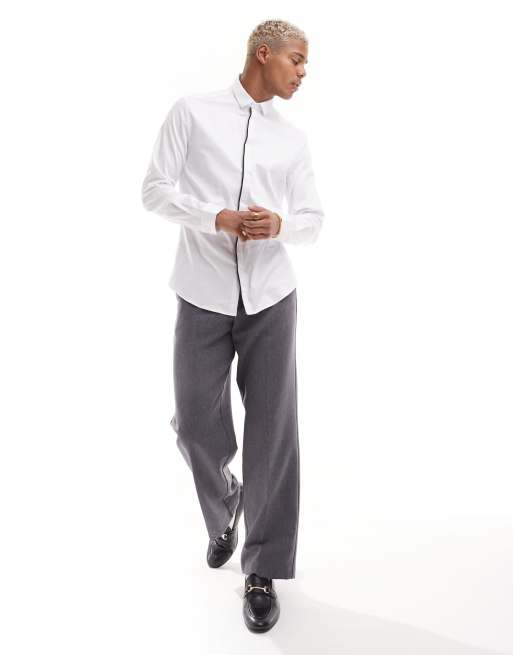 ASOS DESIGN smart slim shirt with black piping detail in white, 3 of 4