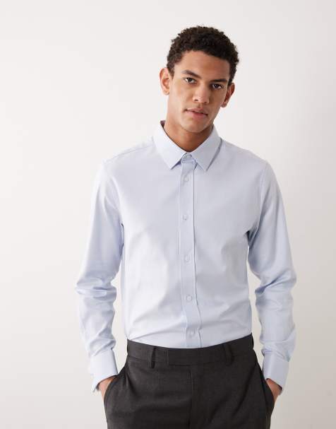 ASOS DESIGN smart slim textured shirt with double cuff in light blue - view 1