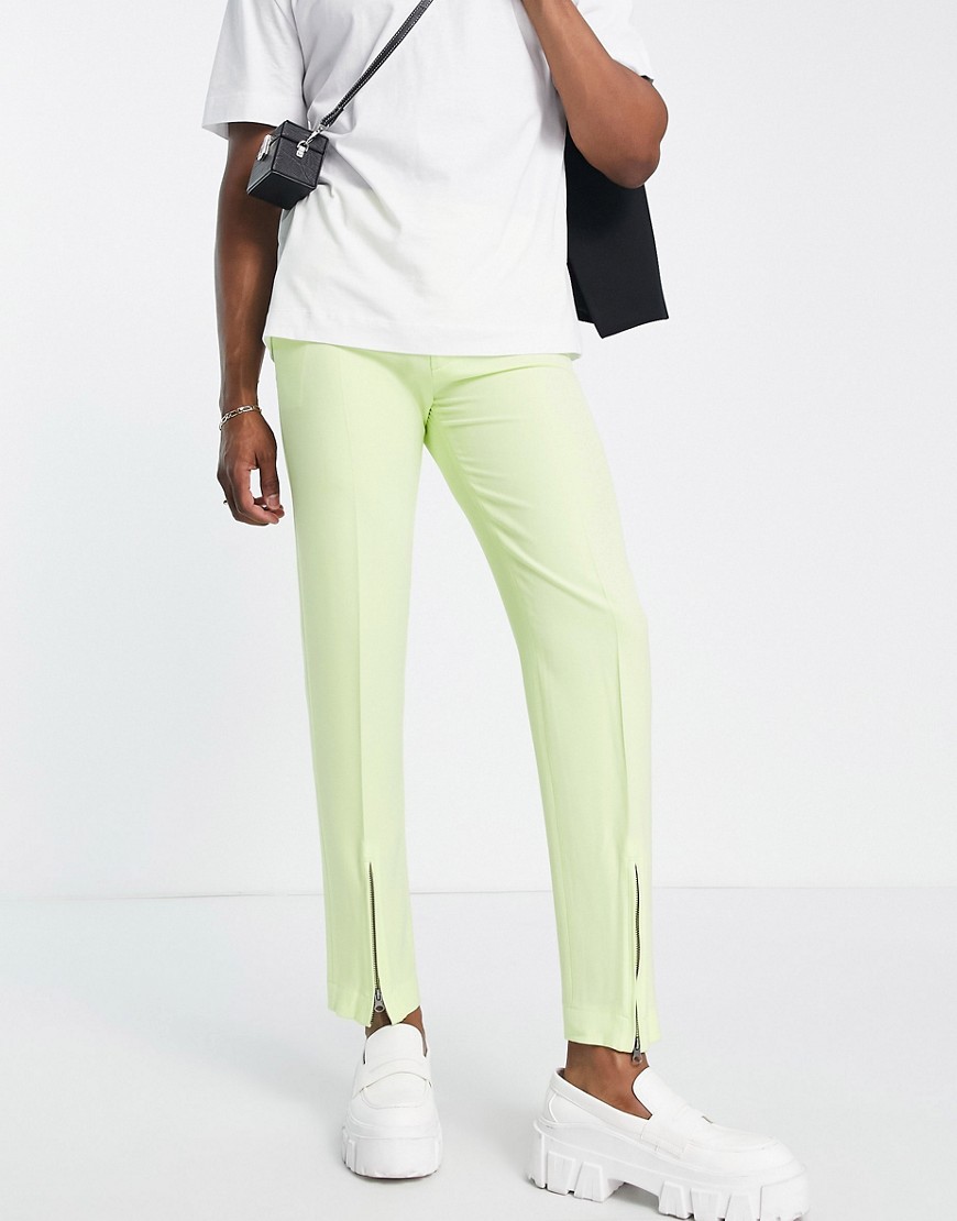 ASOS DESIGN smart slim trousers with front hem zips in bright lemon yellow