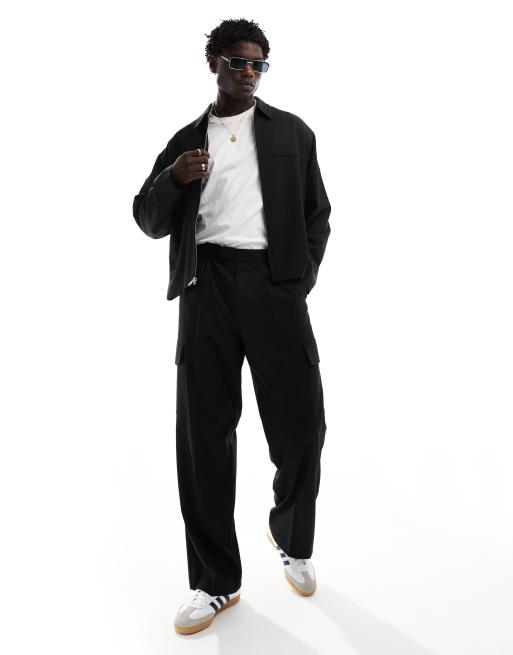ASOS DESIGN smart slim trucker jacket with cargo pockets in black (part of a set)