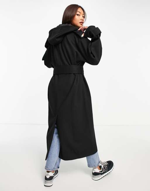 ASOS DESIGN smart slouchy belted coat with hood in black