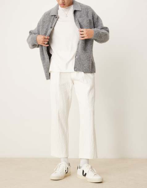 ASOS DESIGN smart straight cropped trousers in white crinkled velvet - view 1