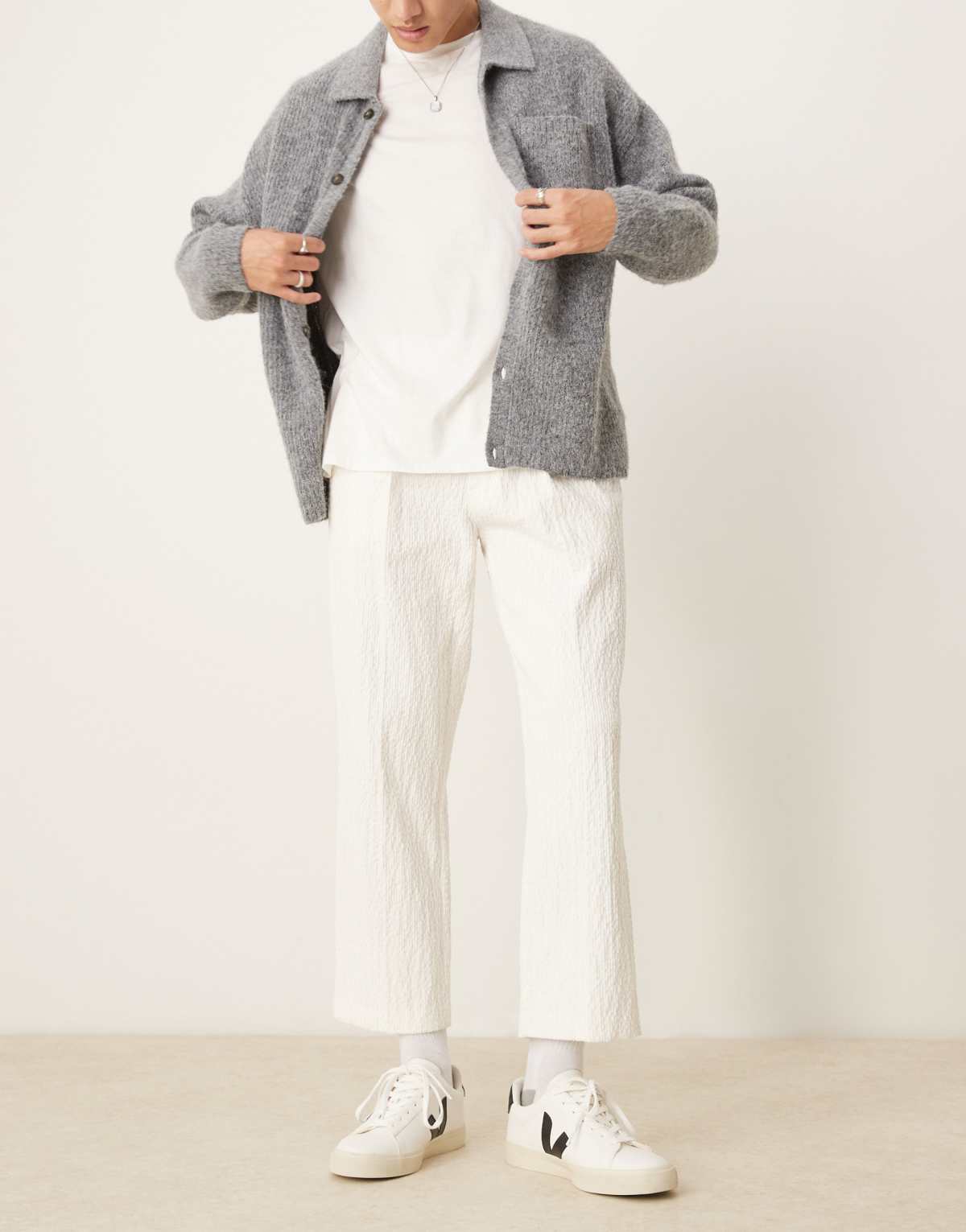 ASOS DESIGN smart straight cropped trousers in white crinkled velvet