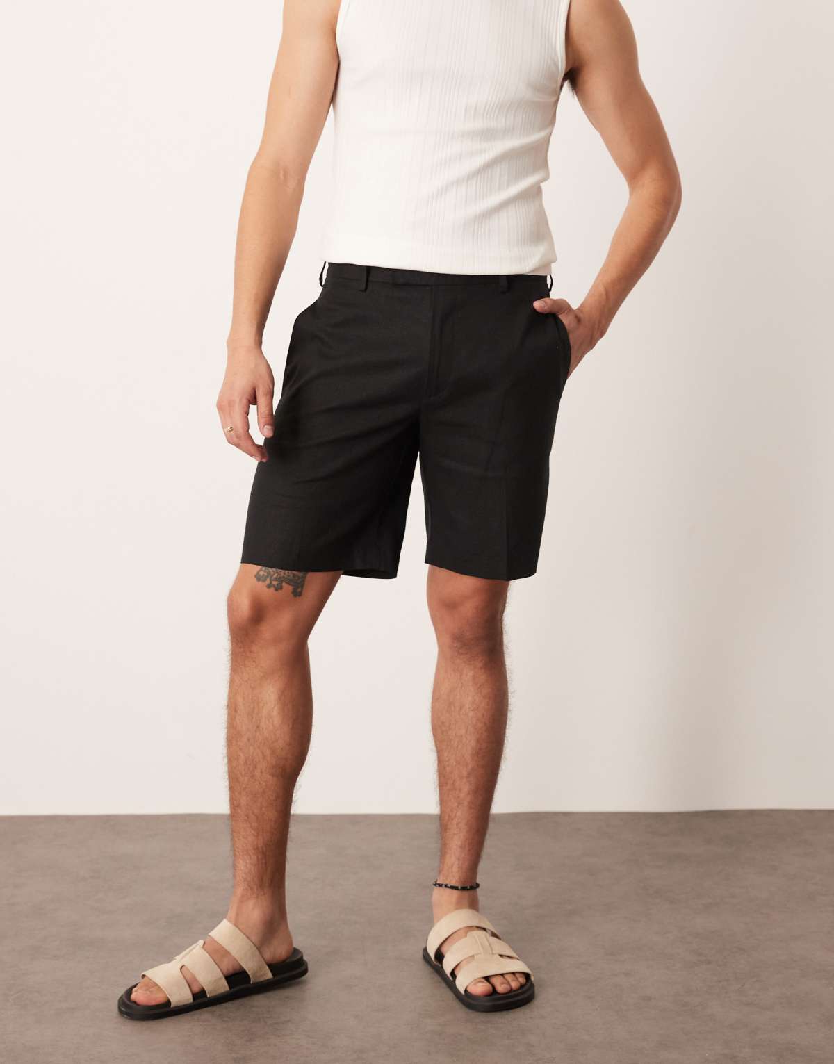ASOS DESIGN smart straight fit linen blend shorts in black