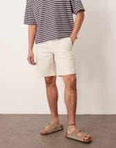 ASOS DESIGN mid length pull on linen blend shorts in stone