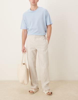 ASOS DESIGN smart straight leg cotton blend trousers in white pinstripe - view 1