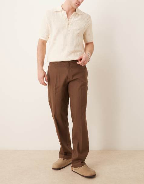 ASOS DESIGN smart straight leg linen blend trousers in brown - view 1