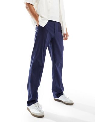 ASOS DESIGN smart straight leg linen blend trousers in navy
