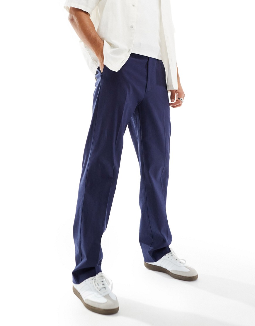 ASOS DESIGN smart straight leg linen blend trousers in navy