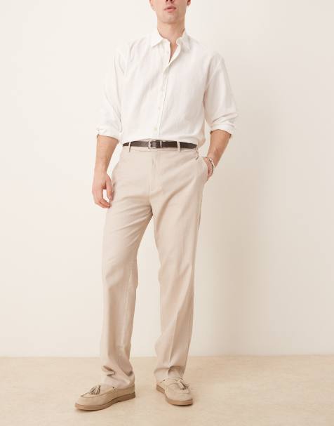ASOS DESIGN smart straight leg linen blend trousers in stone - view 1