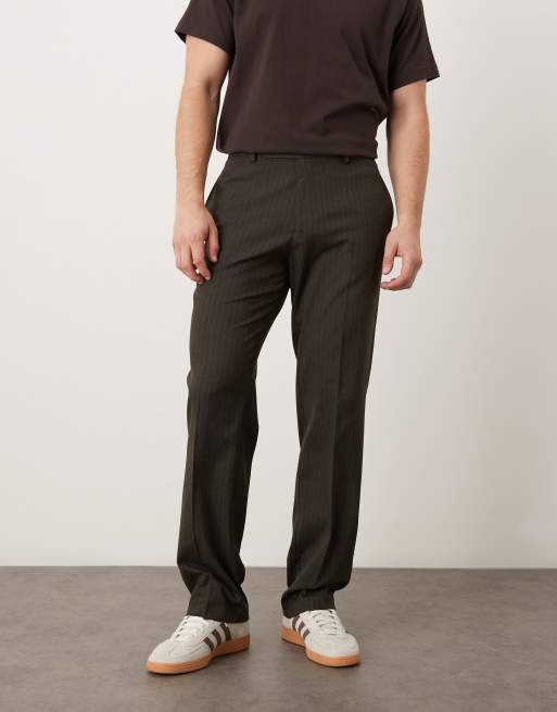 ASOS DESIGN smart straight leg pants in brown pinstripe with turn ups
