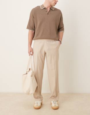 smart straight leg pants in camel linen look with elastic waist-Neutral