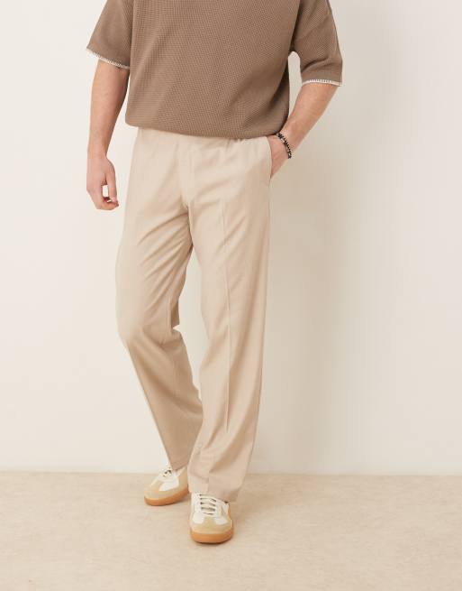 ASOS DESIGN smart straight leg pants in camel linen look with elastic waist