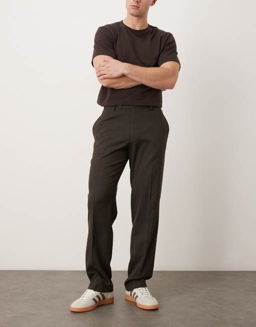 ASOS DESIGN smart straight leg pants in dark brown pinstripe with turn ups, 2 of 5