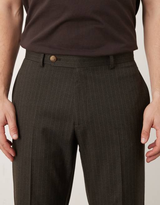 ASOS DESIGN smart straight leg pants in dark brown pinstripe with turn ups, 4 of 5