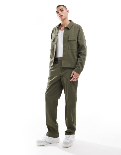 ASOS DESIGN smart straight leg pants in khaki with elastic waist - part of a set