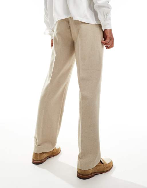 ASOS DESIGN smart straight leg wool mix pants in stone herringbone