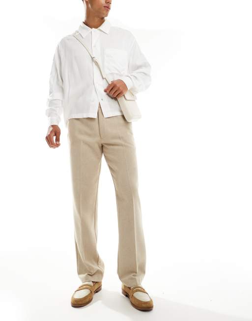 ASOS DESIGN smart straight leg wool mix pants in stone herringbone