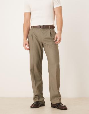 Asos Design Smart Straight Leg Pants With Double Pleats In Brown
