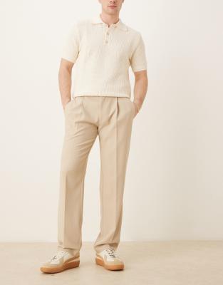 Asos Design Smart Straight Leg Pants With Front Pleats In Neutral