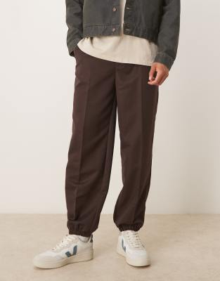 Asos Design Smart Straight Leg Pants With Part Elastic Waistband And Cuff In Brown