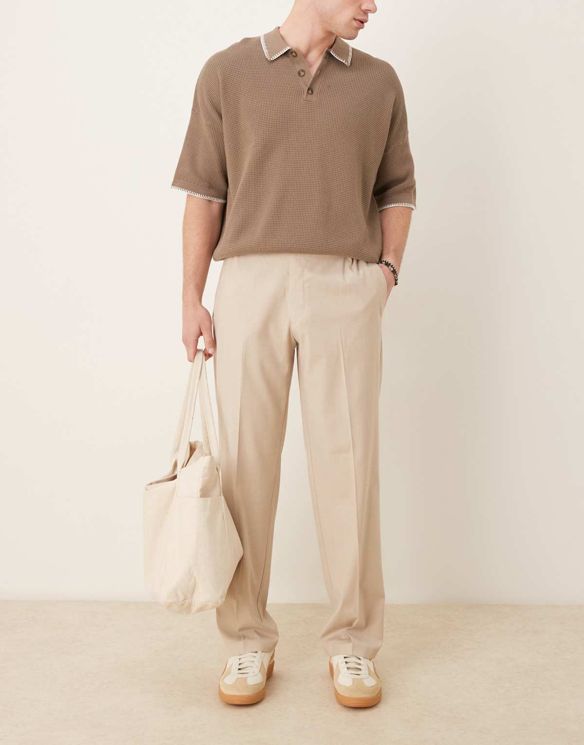 ASOS DESIGN smart straight leg trousers in camel linen look with elasticated waist