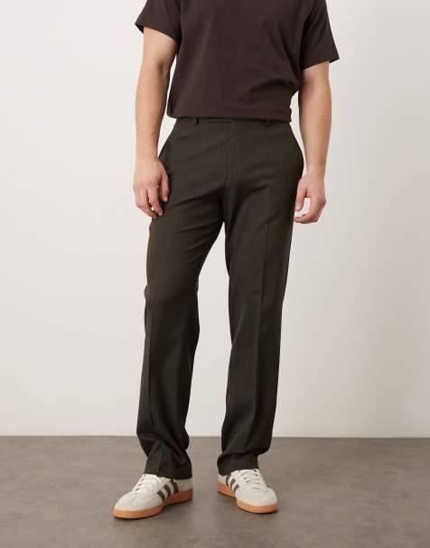 ASOS DESIGN smart straight leg trousers in dark brown pinstripe with turn ups
