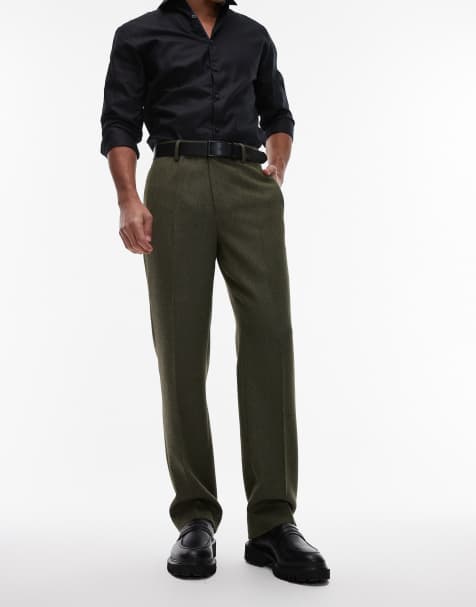ASOS DESIGN smart straight leg trousers in green wool look herringbone - view 1