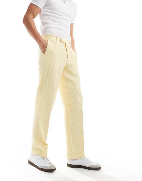 ASOS DESIGN smart straight leg trousers in yellow waffle texture - view 1