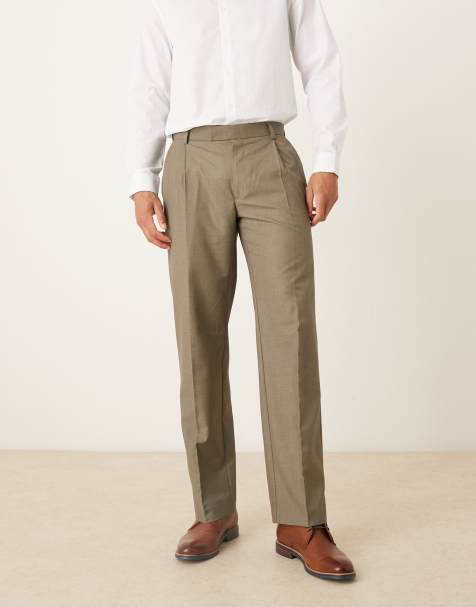ASOS DESIGN smart straight leg trousers with double pleats in khaki texture - view 1