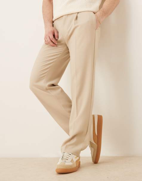 ASOS DESIGN smart straight leg trousers with front pleats in stone microtexture - view 1