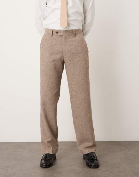 ASOS DESIGN smart straight leg trousers with wool in beige herringbone