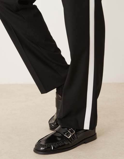 ASOS DESIGN smart straight leg tuxedo trousers in black with white
