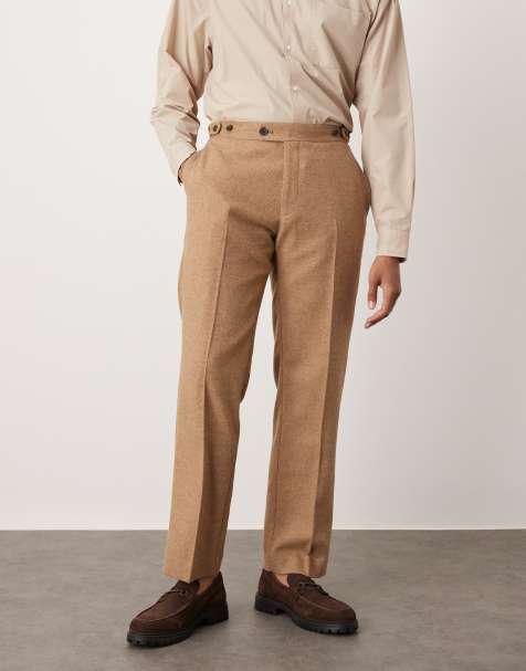 ASOS DESIGN smart straight leg wool blend trousers in camel with side adjusters