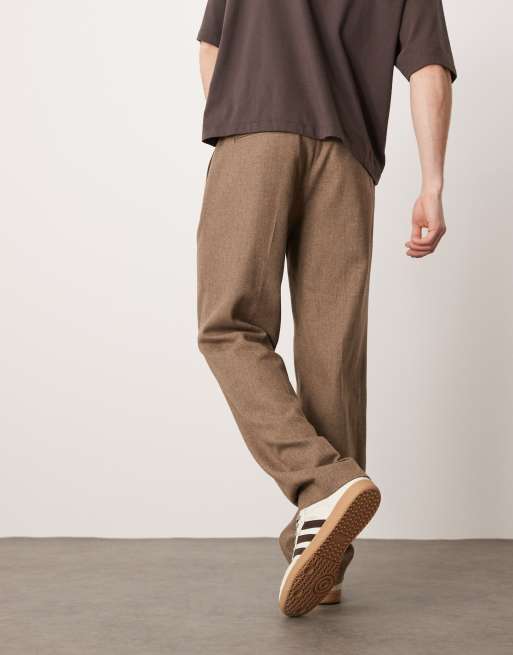 ASOS DESIGN smart straight leg wool mix chino pants with front pleat in brown
