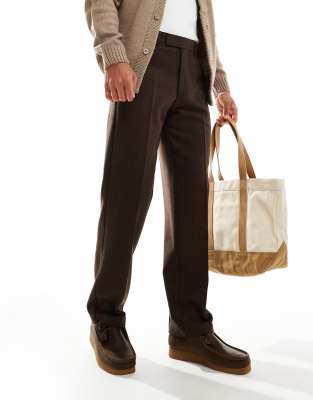 smart straight leg wool mix pants in brown herringbone