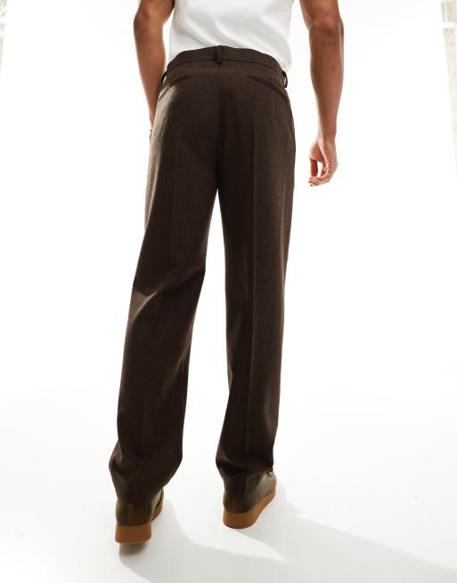 ASOS DESIGN smart straight leg wool mix pants in brown herringbone