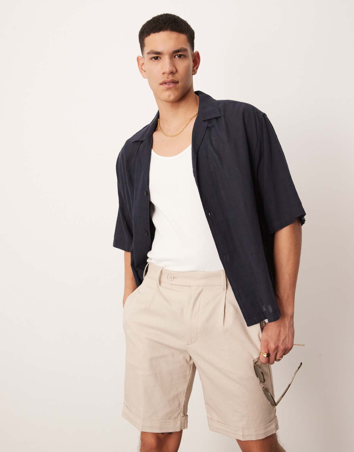 ASOS DESIGN smart straight linen blend chino shorts with front pleat in stone