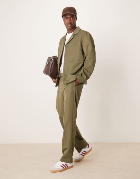 ASOS DESIGN smart straight pants in dark green with elasticated waist (part of a set) - view 1