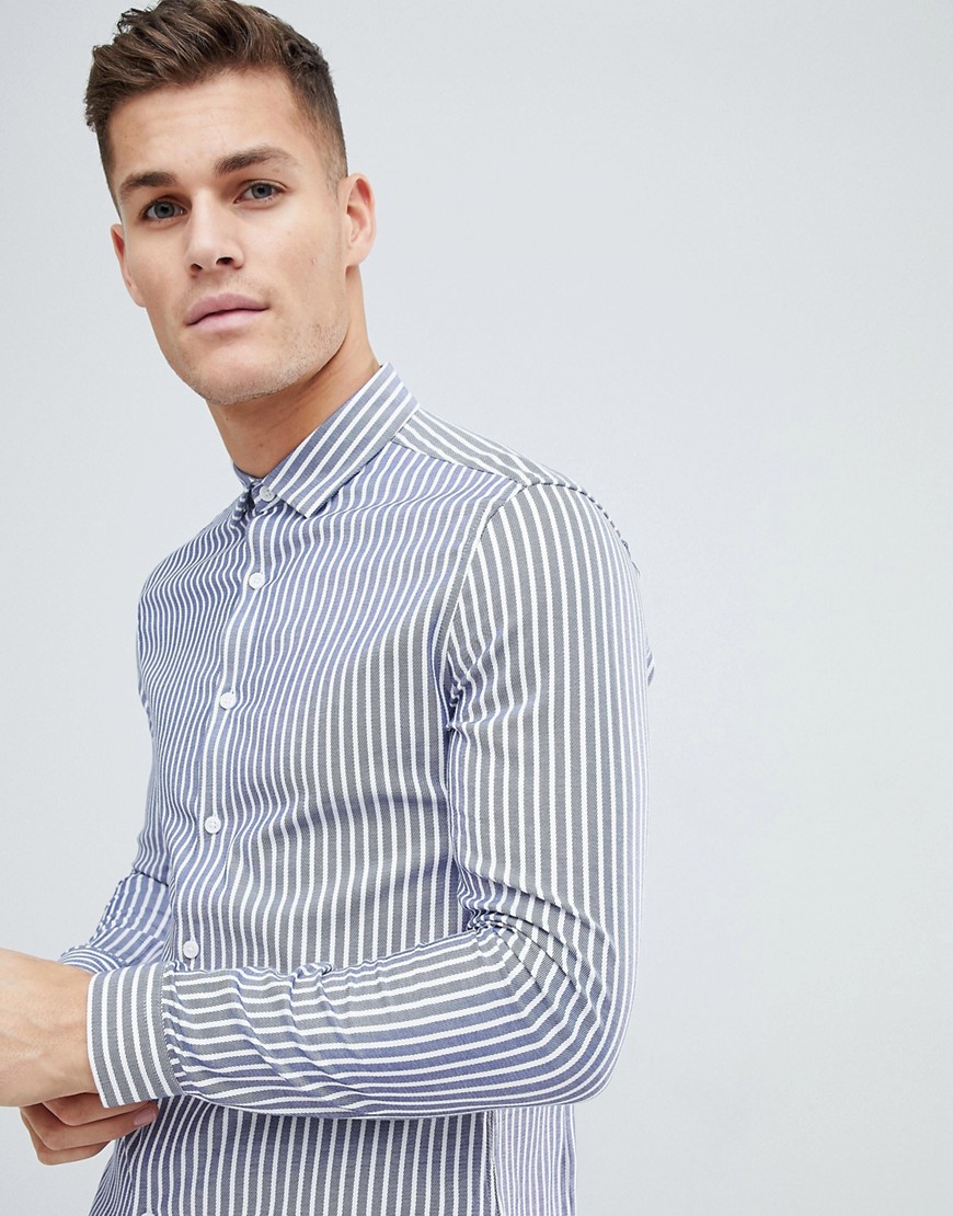 ASOS DESIGN smart stretch slim twill stripe shirt-Blue