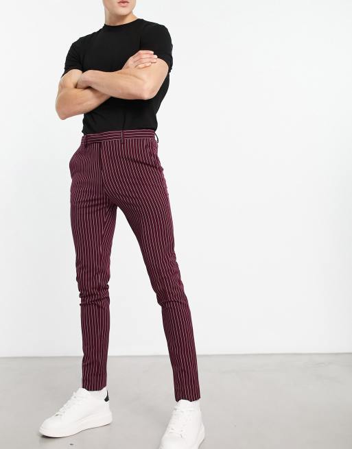 ASOS DESIGN smart super skinny pants in burgundy pin stripe