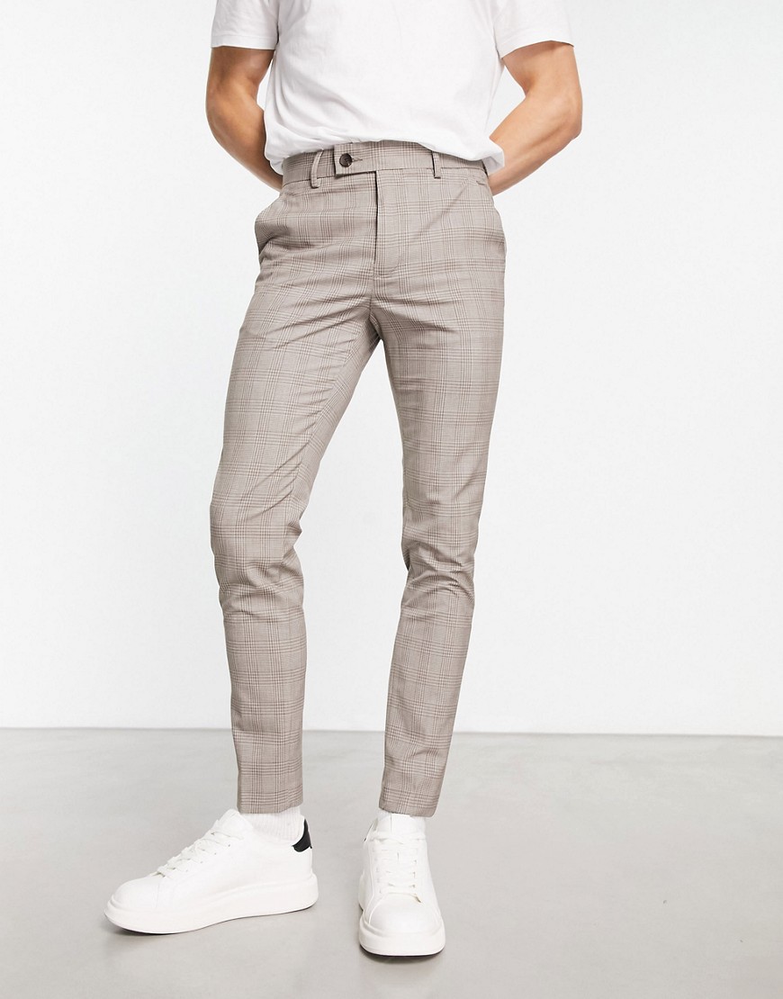 Asos Design Smart Super Skinny Pants In Stone Prince Of Wales Check-neutral