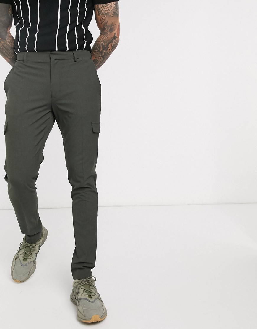 ASOS DESIGN smart super skinny pants with cargo pockets in khaki-Green