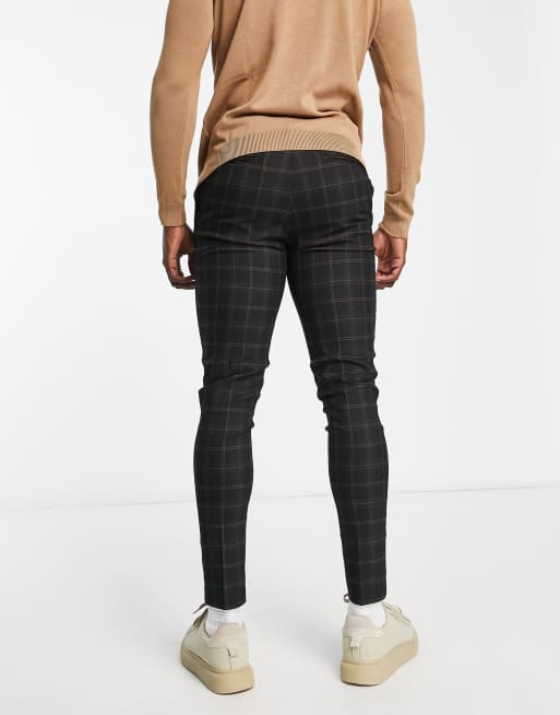 Mens skinny hot sale black check trousers